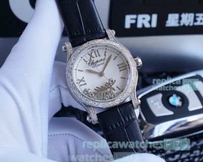 Swiss Replica Chopard Happy Sport Ladies Watch Black Leather Strap